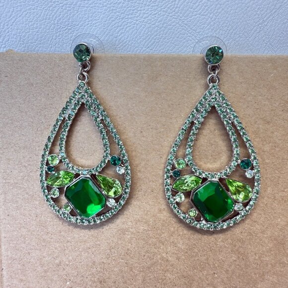 Roberta Chiarella Earrings Teardrop‎ Green Stones Signed Silver Tone Statement - Picture 5 of 10